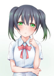 Rule 34 | 1girl, absurdres, black hair, blush, bow, breasts, closed mouth, collared shirt, commentary request, dress shirt, gradient background, gradient hair, green background, green eyes, green hair, hair between eyes, hand up, highres, hitotsuki no yagi, looking at viewer, love live!, love live! nijigasaki high school idol club, love live! school idol festival all stars, love live! school idol project, multicolored hair, nijigasaki academy school uniform, red bow, school uniform, shirt, short sleeves, sidelocks, small breasts, solo, takasaki yu, twintails, upper body, white background, white shirt