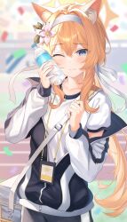 Rule 34 | 1girl, ;), animal ear fluff, blue archive, blue eyes, blue jacket, blurry, blurry background, blush, bottle, closed mouth, flower, gym uniform, hair between eyes, hair flower, hair ornament, hairband, halo, highres, holding, holding bottle, jacket, long hair, long sleeves, looking at viewer, mari (blue archive), mari (track) (blue archive), multicolored clothes, multicolored jacket, official alternate costume, one eye closed, orange hair, plastic bottle, shirt, smile, solo, surrender (surren2019), track jacket, two-tone jacket, water bottle, white hairband, white jacket, white shirt