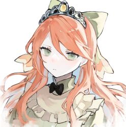 Rule 34 | 1girl, bow, closed mouth, etie (fire emblem), facing viewer, fire emblem, fire emblem engage, green bow, green eyes, highres, long hair, looking at viewer, nintendo, orange hair, portrait, repu (rep sha), solo, swept bangs, tiara, white background