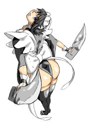 Rule 34 | 1girl, absurdres, artist request, ass, breasts, butterfly swords, curvy, foreshortening, highleg, highleg leotard, highres, holding, holding weapon, huge ass, iroha (samurai spirits), large breasts, leotard, leotard under clothes, looking at viewer, looking back, maid, maid headdress, revealing clothes, samurai spirits, shiny skin, skindentation, smile, solo, thong leotard, weapon, wide hips