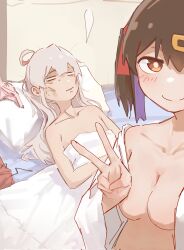 Rule 34 | 2girls, aftersex, ahoge, bed, black hair, blank eyes, blush, breasts, bright pupils, closed mouth, collarbone, commentary, fucked silly, genderswap, genderswap (mtf), giving up the ghost, guy tired after sex (meme), hair ornament, hair ribbon, highres, implied incest, incest, large breasts, long hair, lying, meme, multiple girls, no bra, on back, on bed, onii-chan wa oshimai!, orange eyes, oyama mahiro, oyama mihari, panties, unworn panties, pillow, pink hair, ribbon, selfie, siblings, sisters, smug, split mouth, sunken cheeks, symbol-only commentary, underwear, v, yituonongtang, yuri