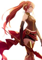 Rule 34 | 1girl, bare shoulders, black skirt, brown gloves, brown vest, closed mouth, cowboy shot, crown, elbow gloves, gloves, green eyes, holding, holding polearm, holding weapon, long hair, looking to the side, polearm, pyrrha nikos, red hair, rwby, shiki (shikki46), sidelocks, simple background, skirt, solo, spear, very long hair, vest, walking, weapon, white background