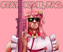Rule 34 | agito666, ahoge, arnold schwarzenegger, bare shoulders, bell, commentary, english commentary, english text, glowing, glowing eye, gun, hair bell, hair ornament, hand up, highres, holding, holding gun, holding weapon, hololive, male focus, one side up, parody, pink background, pink hair, pink theme, red ribbon, ribbon, sakura miko, sakura miko (1st costume), sleeveless, solo, sunglasses, t-800, terminator (series), the terminator, upper body, virtual youtuber, weapon, x hair ornament