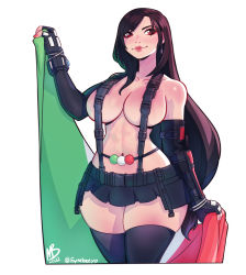 Rule 34 | 1girl, abs, belly chain, black skirt, black thighhighs, breasts, brown eyes, brown hair, commentary, earrings, elbow gloves, english commentary, eymbee, final fantasy, final fantasy vii, final fantasy vii remake, fingerless gloves, fingernails, flag, gloves, holding, holding flag, italian flag, italian senate porn livestream (meme), italian senate porn livestream (meme), jewelry, large breasts, lips, long hair, low-tied long hair, materia, meme, microskirt, nail polish, narrow waist, navel, red nails, skirt, smile, solo, square enix, suspender skirt, suspenders, thick thighs, thighhighs, thighs, tifa lockhart, topless, vambraces, white background, wide hips