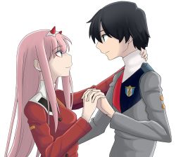 Rule 34 | 10s, 1boy, 1girl, black hair, blue eyes, commentary request, couple, darling in the franxx, fringe trim, green eyes, hair ornament, hairband, hand on another&#039;s neck, highres, hiro (darling in the franxx), holding hands, horns, long hair, looking at another, military, military uniform, necktie, oni horns, orange neckwear, pink hair, red horns, red neckwear, short hair, to1130, uniform, white hairband, zero two (darling in the franxx)