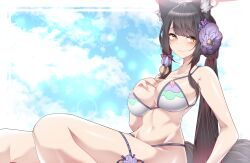 Rule 34 | 1girl, absurdres, animal ears, bare arms, bare shoulders, bikini, black hair, blue archive, breasts, commentary request, dated commentary, fox ears, hand on own chest, highres, large breasts, long hair, looking at viewer, navel, samip, sitting, smile, solo, stomach, swimsuit, thighs, very long hair, wakamo (blue archive), yellow eyes