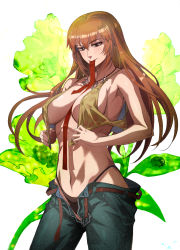 Rule 34 | 1girl, belt, black panties, blush, breasts, brown eyes, cleavage, denim, highres, jewelry, joy (shenmue), large breasts, long hair, looking at viewer, miyo, navel, necklace, necktie, nipples, open clothes, orange hair, panties, sega, shenmue, shenmue ii, shenmue the animation, shiny skin, sideboob, sidelocks, thong, underwear, unzipped, v-string, white background