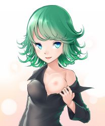 Rule 34 | 1girl, bad id, bad pixiv id, black dress, blue eyes, blush, breast slip, breasts, curly hair, dress, flashing, green hair, heart, heart-shaped pupils, highres, kep (ahokep), looking at viewer, nipples, one-punch man, one breast out, short hair, small breasts, solo, symbol-shaped pupils, tatsumaki, top pull