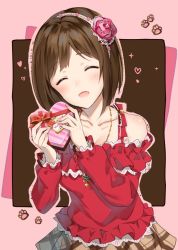Rule 34 | 1girl, :d, ^ ^, blush, brown hair, collarbone, commentary request, closed eyes, fang, flower, gift, hair flower, hair ornament, hairband, heart, holding, holding gift, idolmaster, idolmaster cinderella girls, maekawa miku, open mouth, paw print, pink background, plaid, plaid skirt, short hair, skirt, smile, solo, sparkle, takeashiro, valentine