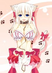 Rule 34 | 1girl, animal ears, bare shoulders, between breasts, blue eyes, blush, bow, breasts, cat ears, cat tail, cleavage, collar, fang, fantasy earth zero, large breasts, leash, midriff, miyano yuki, navel, open mouth, paw print, ribbon, solo, tail, tail ornament, tail ribbon, v arms