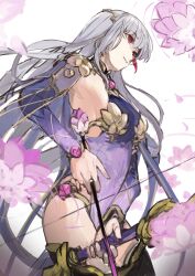 Rule 34 | 1girl, archery, armlet, armor, arrow (projectile), bikini armor, bow (weapon), breasts, circlet, collar, detached sleeves, dress, fate/grand order, fate (series), flower, hair ribbon, highres, holding, holding arrow, holding bow (weapon), holding weapon, jewelry, kama (fate), kama (second ascension) (fate), large breasts, long hair, looking at viewer, lotus, lotus print, metal collar, pelvic curtain, pink ribbon, purple dress, purple sleeves, purple thighhighs, red eyes, ribbon, ring, smile, solo, thighhighs, thighlet, thighs, weapon, white hair, yorurokujuu