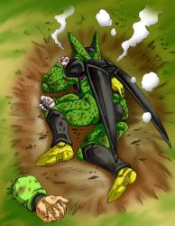 Rule 34 | 1boy, android, android 16, armor, cell (dragon ball), corpse, defeat, dragon ball, dragonball z, explosion, injury, lying, meme, parody, perfect cell, shinomiya akino, what, wings, yamcha pose (meme)