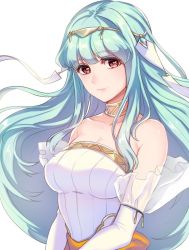 Rule 34 | 1girl, bare shoulders, blue hair, breasts, bride, cleavage, dress, fire emblem, fire emblem: the blazing blade, fire emblem heroes, formal, gloves, hair ornament, jewelry, kokouno oyazi, long hair, looking at viewer, necklace, ninian, nintendo, red eyes, simple background, smile, solo, strapless, wedding dress, white dress, white gloves