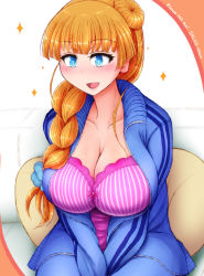 Rule 34 | 10s, 1girl, alternate hairstyle, asymmetrical hair, blue eyes, blush, braid, breasts, bustier, casual, cleavage, galko, hair bun, huge breasts, jacket, long hair, low-tied long hair, open clothes, open jacket, orange hair, oshiete! galko-chan, pillow, ponponmaru, scrunchie, side braid, side bun, single braid, single side bun, sitting, smile, solo, sparkle, striped, track jacket, track suit, v arms, vertical stripes