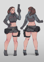 Rule 34 | 1girl, ass, breasts, brown eyes, brown hair, fanny pack, full body, gloves, gun, highres, holding, holding gun, holding weapon, holster, long hair, looking at viewer, medium breasts, multiple views, navel, original, ponytail, short shorts, shorts, simple background, smile, standing, thigh holster, toned, weapon, zerogravitas