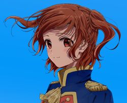 Rule 34 | 1girl, aijou karen, arms at sides, blue background, blue jacket, blush, brown eyes, brown hair, closed mouth, denim, epaulettes, floating hair, from side, gradient background, highres, jacket, light smile, looking at viewer, looking to the side, multicolored clothes, multicolored jacket, nori (cheiwbciwkxbdjr), red jacket, shoujo kageki revue starlight, solo, swept bangs, tassel, torn clothes, torn jacket, two side up, upper body