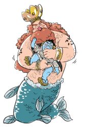 Rule 34 | 2boys, affectionate, aged down, bara, beard, blush, crown, facial hair, hairy, highres, jinbe (one piece), king, long beard, long nose, male focus, mature male, merman, monster boy, multiple boys, neptune (one piece), one piece, size difference, sparse arm hair, sparse chest hair, takichizento, thick eyebrows