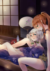 Rule 34 | 2girls, alternate costume, alternate hairstyle, aqua eyes, bare legs, bare shoulders, blue eyes, blush, bottle, braid, breasts, clothes down, crop top, doorway, drunk, eyes visible through hair, full-face blush, green eyes, hair between eyes, hair ribbon, hand fan, highres, hong meiling, izayoi sakuya, japanese clothes, kimono, legs, long hair, looking at another, lying on person, mimoto (aszxdfcv), multiple girls, off shoulder, ponytail, red hair, ribbon, sake bottle, short hair, silver hair, sitting, sliding doors, smile, tatami, touhou, tress ribbon, twin braids, wooden floor, yukata, yuri