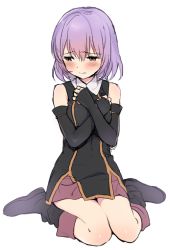 Rule 34 | 10s, 1girl, bare shoulders, black dress, black footwear, black gloves, blush, boots, clenched hands, covering privates, covering breasts, crossed arms, dress, elbow gloves, embarrassed, fingerless gloves, full body, gloves, hai to gensou no grimgar, hair between eyes, hands on own chest, knee boots, looking away, looking down, pelvic curtain, purple eyes, purple hair, raised eyebrows, sekiya asami, shihoru (grimgar), short dress, short hair, simple background, sitting, sketch, solo, wariza, white background