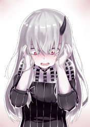 Rule 34 | 1girl, black dress, blush, brown background, commentary request, dress, fate/grand order, fate (series), gradient background, hair between eyes, hands on own cheeks, hands on own face, highres, horns, lavinia whateley (fate), long hair, long sleeves, looking away, looking down, open mouth, pikunoma, red eyes, silver hair, single horn, solo, upper body, very long hair, white background