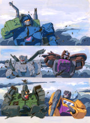 Rule 34 | 1980s (style), 5boys, aircraft, angry, arms behind head, blade, blast off (transformers), brawl (transformers), broken, broken weapon, cloud, cloudy sky, cracking knuckles, damaged, decepticon, helicopter, highres, jeep, marble-v, mecha, military, military vehicle, motor vehicle, multiple boys, nervous, nervous smile, no humans, oldschool, onslaught (transformers), purple eyes, red eyes, retro artstyle, robot, rocket, sky, smile, swindle (transformers), tank, transformers, vortex (transformers), weapon