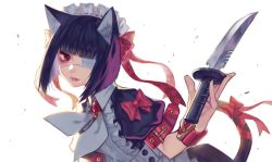 Rule 34 | 1girl, animal ears, bandages, black hair, blunt bangs, bow, cat ears, cat tail, checkered ribbon, closed mouth, commentary request, doku-chan (dokkudokudoku), eyepatch, frills, hair ribbon, highres, holding, holding knife, knife, looking at viewer, maid, maid headdress, original, pink eyes, puffy short sleeves, puffy sleeves, red ribbon, ribbon, short hair, short sleeves, simple background, solo, tail, tail bow, tail ornament, tail ribbon, victorian maid, white background