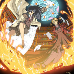 Rule 34 | 2girls, battle, black hair, blonde hair, book, coat, crossover, dress, female focus, fire, flying paper, glasses, gloves, indoors, jewelry, library, long hair, magic, multiple girls, necklace, necktie, paper, parody, read or die, robin sena, skirt, stained glass, standing, trench coat, witch hunter robin, yomiko readman