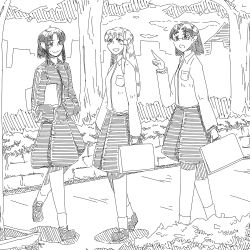 Rule 34 | 3girls, character request, glasses, greyscale, monochrome, multiple girls, outdoors, toriga naku, tree