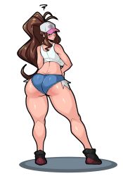 Rule 34 | 1girl, absurdres, ass, bare shoulders, baseball cap, blue eyes, blush, breasts, brown hair, butt crack, creatures (company), cutoffs, denim, denim shorts, from behind, game freak, hands on own hips, hat, highres, hilda (pokemon), huge ass, large breasts, long hair, looking at viewer, looking back, nintendo, numbnutus, pokemon, pokemon bw, ponytail, shirt, shoes, short shorts, shorts, sideboob, solo, tank top, thick thighs, thighs, white background, white shirt