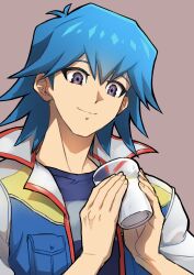 Rule 34 | 1boy, absurdres, blue hair, blue shirt, brown background, bruno (yu-gi-oh!), cup, drink, glass, hands up, high collar, highres, holding, holding cup, holding drink, jacket, looking down, male focus, milk, purple eyes, shirt, short hair, simple background, smile, solo, t-shirt, upper body, youko-shima, yu-gi-oh!, yu-gi-oh! 5d&#039;s