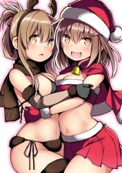 Rule 34 | 2girls, absurdres, antlers, bell, black gloves, blush, breasts, brown eyes, brown hair, brown scarf, capelet, cleavage, fangs, folded ponytail, fringe trim, fur-trimmed gloves, fur-trimmed skirt, fur trim, gloves, hair between eyes, hair ornament, hairclip, hat, highres, horns, ikazuchi (kancolle), inazuma (kancolle), kantai collection, kuromayu, long hair, looking at viewer, medium breasts, multiple girls, navel, open mouth, pleated skirt, pom pom (clothes), red capelet, red gloves, red headwear, red skirt, reindeer antlers, santa costume, santa hat, scarf, short hair, sidelocks, skirt, smile