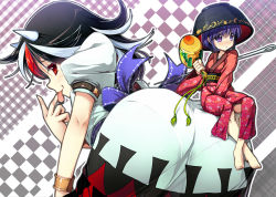 Rule 34 | 2girls, ass, barefoot, black hair, blush, bowl, bowl hat, chima q, feet, from behind, hand to own mouth, hat, highres, horns, japanese clothes, kijin seija, licking, licking finger, looking at viewer, looking back, mallet, mini person, minigirl, miracle mallet, multicolored hair, multiple girls, naughty face, needle, on ass, pantylines, purple eyes, purple hair, red eyes, red hair, saliva, short hair, sitting, sukuna shinmyoumaru, tongue, tongue out, touhou, white hair