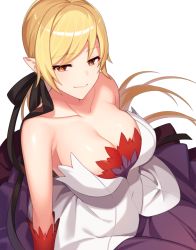 Rule 34 | 1girl, black ribbon, blonde hair, breasts, cleavage, commission, dress, hair ribbon, kinsenka momi, kiss-shot acerola-orion heart-under-blade, large breasts, light smile, long hair, looking at viewer, monogatari (series), oshino shinobu, pointy ears, ponytail, ribbon, simple background, skeb commission, smile, solo, white background, yellow eyes