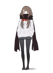 Rule 34 | 1girl, black pantyhose, brown hair, full body, grey eyes, hands in pockets, long hair, looking at viewer, original, pantyhose, pleated skirt, red ribbon, ribbon, scarf, simple background, skirt, solo, white background, youcapriccio, yuu (higashi no penguin)