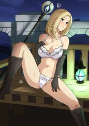 Rule 34 | 1girl, bench, black footwear, black gloves, blonde hair, blush, boots, bow, bow panties, breasts, brown eyes, closed mouth, commentary, crotch seam, elbow gloves, foot up, frilled panties, frills, gloves, half-closed eyes, hand on own chest, hand on own thigh, haruhisky, highres, knee boots, lamp, looking at viewer, medium breasts, medium hair, navel, night, night sky, octopath traveler, octopath traveler i, ophilia (octopath traveler), panties, sitting, sky, smile, solo, spread legs, staff, string panties, sweat, underwear, underwear only, white panties