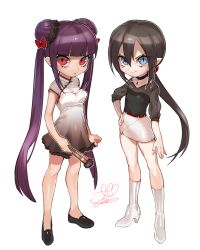 Rule 34 | 00s, 2girls, androgynous, bad id, bad pixiv id, bare legs, black shirt, blouse, blue eyes, blunt bangs, boots, brown hair, chibi, china dress, chinese clothes, choker, closed mouth, double bun, dress, full body, gradient dress, hair bun, hand fan, hand on own hip, high heel boots, high heels, jewelry, lady bat, lanhua, long hair, looking at viewer, mermaid melody pichi pichi pitch, multiple girls, necklace, ohisashiburi, pointy ears, ponytail, purple hair, red eyes, ribbon, shirt, simple background, sleeves rolled up, smile, standing, tsurime, twintails, v-shaped eyebrows, very long hair, white background