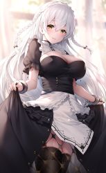 Rule 34 | 1girl, azur lane, black dress, black thighhighs, blush, bow, braid, breasts, cleavage, clothes lift, cuffs, curtsey, dress, dress lift, hair between eyes, hair bow, hairband, hermione (azur lane), highres, lifted by self, long hair, looking at viewer, medium breasts, nail polish, oyuwari, parted lips, shackles, silver hair, smile, solo, thighhighs, twin braids, yellow eyes