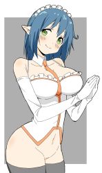 Rule 34 | 1girl, absurdres, bad id, bad twitter id, bare shoulders, black thighhighs, blue hair, blush, breasts, closed mouth, cowboy shot, detached collar, donguri suzume, elbow gloves, gloves, green eyes, grey background, head tilt, headdress, highres, large breasts, legs together, looking at viewer, necktie, no panties, orange necktie, pointy ears, short hair, smile, solo, standing, thighhighs, white gloves, wing collar