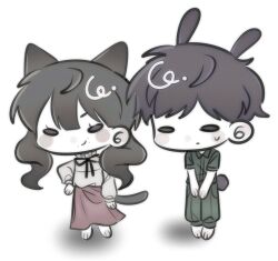 Rule 34 | 1boy, 1girl, animal ears, animal hands, barefoot, black hair, black ribbon, blush stickers, cat ears, cat girl, cat paws, cat tail, chibi, commentary, fear &amp; hunger, fear &amp; hunger 2: termina, frilled shirt collar, frills, green jumpsuit, hair between eyes, hand on own hip, jumpsuit, levi (fear &amp; hunger), long hair, long skirt, long sleeves, marina (fear &amp; hunger), mouth piercing, neck ribbon, pink skirt, rabbit boy, rabbit ears, rabbit paws, rabbit tail, ribbon, shirt, shirt tucked in, short hair, simple background, skirt, smile, solid oval eyes, ss2ba1, standing, sweat, tail, twintails, v arms, white background, white shirt