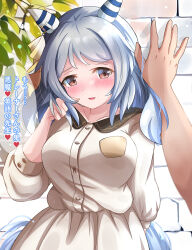 Rule 34 | 1girl, alternate costume, animal ears, blush, breasts, brown eyes, casual, collarbone, commentary request, grey hair, hair between eyes, hair ornament, highres, hishi miracle (umamusume), horse ears, horse girl, horse tail, kabedon, leaf, liukensama, looking at viewer, medium breasts, plant, pov, pov hands, solo, tail, translation request, umamusume, wall