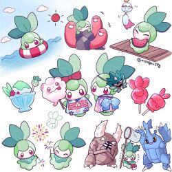 Rule 34 | ^ ^, animal focus, beetle, blue sky, bow, bowtie, bug, butterfly net, candy, chimecho, closed eyes, cloud, colored skin, commentary request, cotton candy, creatures (company), dipplin, eating, fireworks, food, fruit, game freak, gen 1 pokemon, gen 2 pokemon, gen 3 pokemon, gen 6 pokemon, green skin, hand net, heracross, ice cream, insect, japanese clothes, kimono, leaf, mask, mochopaccho, multiple views, nintendo, no humans, ogerpon, ogerpon (teal mask), pinsir, pokemon, pokemon (creature), purple kimono, red bow, red bowtie, red eyes, red sun, sitting, sky, spitting, standing, swirlix, tongue, tongue out, water, watermelon, watermelon seeds, white background, white skin, wugtrio, yukata