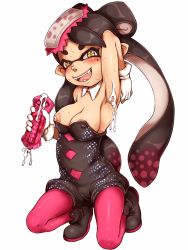 Rule 34 | 10s, 1girl, armpits, artificial vagina, black hair, blush, breasts, callie (splatoon), cum, domino mask, e10, fangs, full body, gloves, holding, kneeling, long hair, looking at viewer, mask, medium breasts, mole, mole under eye, nintendo, nipple slip, nipples, open mouth, pointy ears, sex toy, shiny clothes, shiny skin, shoes, simple background, solo, splatoon (series), sweat, teeth, tentacle hair, white background, white gloves