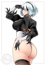 Rule 34 | 1girl, absurdres, ass, black blindfold, blindfold, blue eyes, breasts, cleavage cutout, clothing cutout, elbow gloves, gloves, hairband, highres, huge ass, juliet sleeves, large breasts, leotard, long sleeves, looking at viewer, nier (series), nier:automata, puffy sleeves, saltnvalk, short hair, solo, thick thighs, thighhighs, thighs, thong leotard, white background, white hair, 2b (nier:automata)