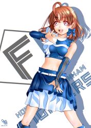 Rule 34 | 1girl, detached sleeves, looking at viewer, love live!, love live! sunshine!!, minami saan, navel, open mouth, orange hair, red eyes, short hair, smile, solo, takami chika