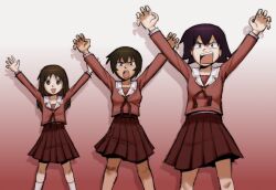 Rule 34 | 3girls, :d, :o, \o/, arms up, azumanga daioh&#039;s school uniform, azumanga daiou, bandaid, bandaid on knee, bandaid on leg, bob cut, bonklers, brown eyes, brown hair, claw pose, collarbone, commentary, constricted pupils, drop shadow, english commentary, feet out of frame, gradient background, hair between eyes, halftone texture, kagura (azumanga daioh), kasuga ayumu, kneehighs, long hair, long sleeves, looking at viewer, multiple girls, neck ribbon, ompompom999, open mouth, outstretched arms, pink serafuku, pink shirt, pleated skirt, red ribbon, red skirt, ribbon, sailor collar, school uniform, serafuku, sharp teeth, shirt, short hair, shouting, sketch, skirt, smile, socks, spread legs, square mouth, standing, takino tomo, tan, teeth, v-shaped eyebrows, v-shaped eyes, white background, white sailor collar, white socks, winter uniform