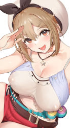 Rule 34 | 1girl, atelier (series), atelier ryza, atelier ryza 1, bare shoulders, beret, black ribbon, blush, breasts, brown eyes, brown hair, camisole, cleavage, collarbone, covered erect nipples, flask, hat, highres, jewelry, large breasts, leather belt, looking at viewer, necklace, open mouth, red shorts, reisalin stout, ribbon, round-bottom flask, shino (comic penguin club), short hair, shorts, simple background, smile, solo, star (symbol), star necklace, white background, white camisole, white hat