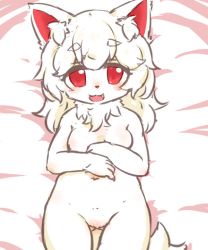 Rule 34 | 1girl, female focus, fox, furry, furry female, long hair, lying, ohakotome, on back, open mouth, red eyes, solo, white hair