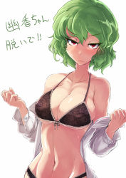 Rule 34 | 1girl, ario, black bra, black panties, blush, bra, breasts, cleavage, covered erect nipples, female focus, green hair, groin, kazami yuuka, lace, lace bra, large breasts, navel, open clothes, open shirt, panties, red eyes, shirt, short hair, solo, stomach, sweat, touhou, translated, underwear, underwear only, undressing, upper body, white background