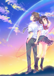 Rule 34 | 10s, 1boy, 1girl, ahoge, arm up, back-to-back, belt, black hair, black socks, bow, bowtie, braid, brown eyes, cloud, contrail, ech, folded ponytail, hair ribbon, hand in pocket, highres, kimi no na wa., kneehighs, loafers, looking to the side, miyamizu mitsuha, pants, pleated skirt, red bow, red bowtie, ribbon, school uniform, shirt, shoes, short hair, short sleeves, skirt, sky, socks, star (sky), string, string of fate, sunset, tachibana taki, white shirt, wind, wind lift