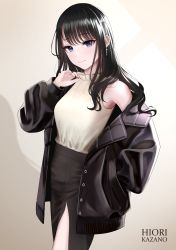 Rule 34 | 1girl, bare shoulders, beige background, black hair, black jacket, black skirt, blue eyes, character name, commentary request, cowboy shot, hand in pocket, hand up, highres, idolmaster, idolmaster shiny colors, jacket, kazano hiori, long hair, long sleeves, looking at viewer, nail polish, off shoulder, open clothes, open jacket, red nails, shirt, skirt, sleeveless, sleeveless shirt, smile, solo, standing, thighs, turisasu